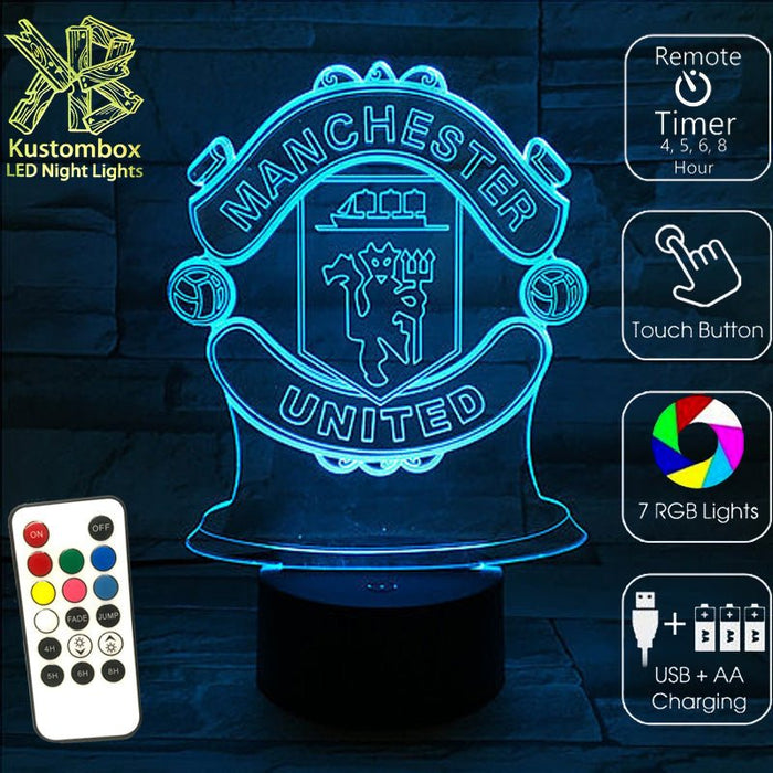 MANCHESTER UNITED Football Club LED Night Light 7 Colours + Remote Control - Kustombox EFC SOCCER