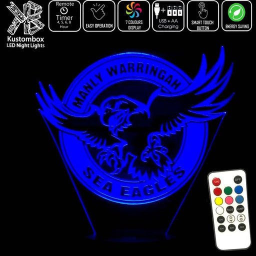 MANLY SEA EAGLES Rugby League Football Club LED Night Light 7 Colours + Remote Control - Kustombox NRL