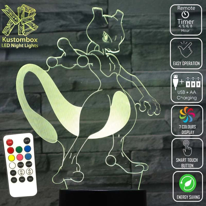 Mewtwo Pokemon LED Night Light 7 Colours + Remote Control - KustomboxNight Lights & Ambient LightingKustomboxStandard Size