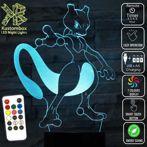 Mewtwo Pokemon LED Night Light 7 Colours + Remote Control - KustomboxNight Lights & Ambient LightingKustomboxStandard Size