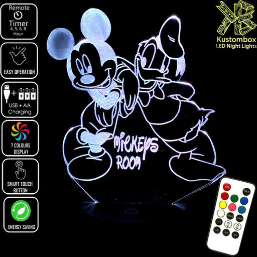 Mickey Mouse & Donald Duck Personalised Name Disney- 3D LED Night Light 7 Colours + Remote Control - Kustombox