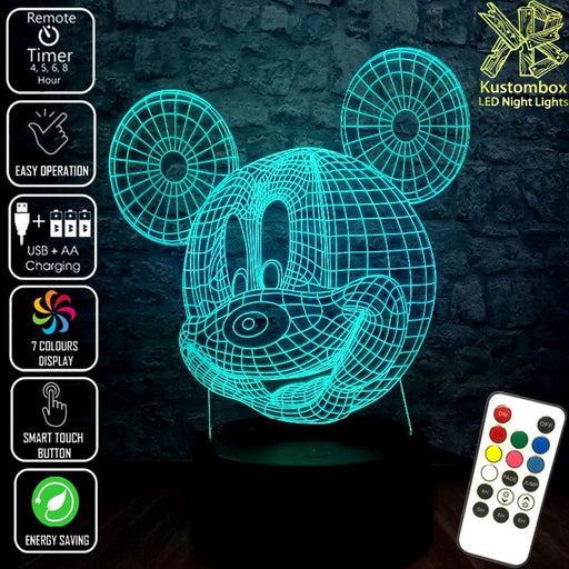 Mickey Mouse Wire Frame Head Disney- 3D LED Night Light 7 Colours + Remote Control - Kustombox