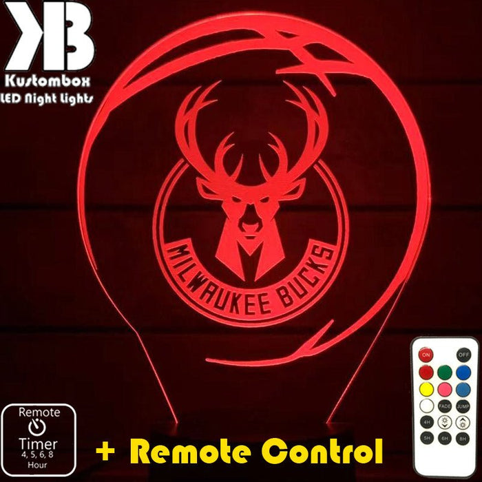 MILWAUKEE BUCKS NBA BASKETBALL LED Night Light 7 Colours + Remote Control - Kustombox