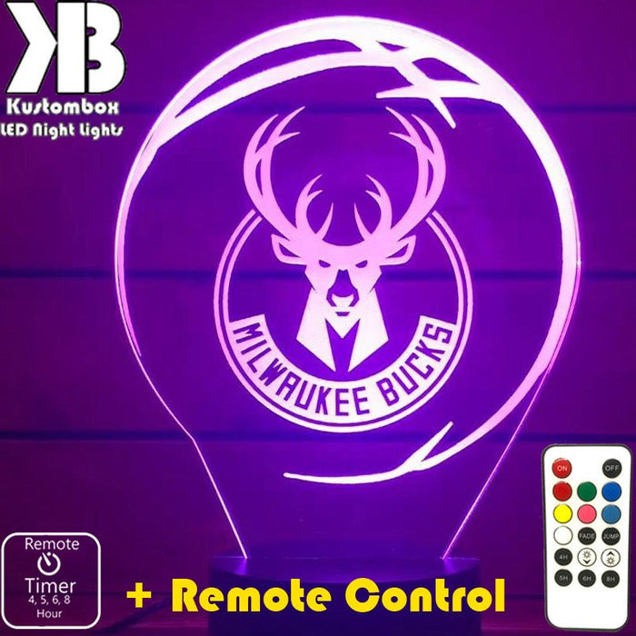 MILWAUKEE BUCKS NBA BASKETBALL LED Night Light 7 Colours + Remote Control - Kustombox
