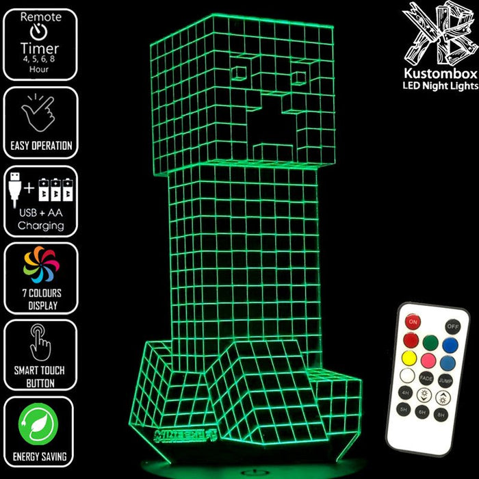 Minecraft Creeper - 3D LED Night Light 7 Colours + Remote Control - Kustombox GAMER