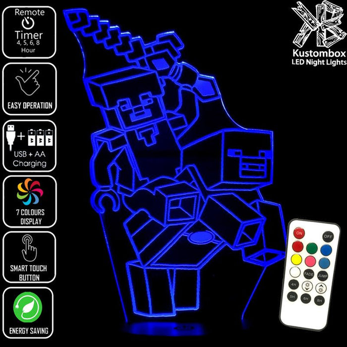 Minecraft Diamond Steve - 3D LED Night Light 7 Colours + Remote Control - Kustombox