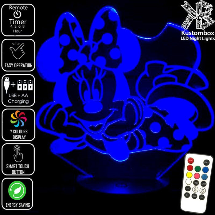 Minnie Mouse Laying Disney- 3D LED Night Light 7 Colours + Remote Control - Kustombox