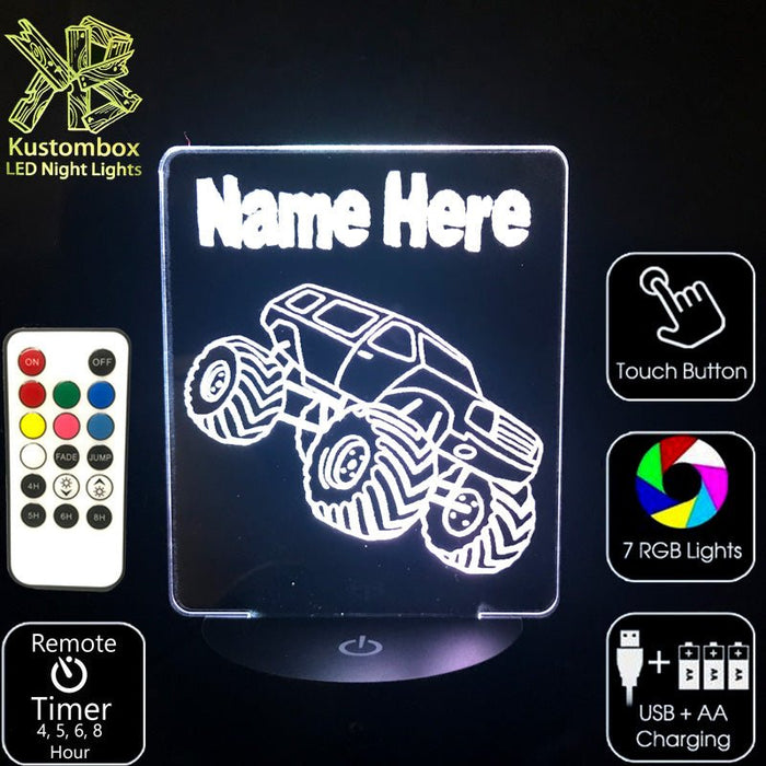 Monster Truck Personalised Name 3D LED Night Light 7 Colours + Remote Control - Kustombox