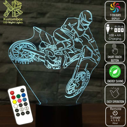 Motorbike Moto Cross Dirt Bike Rider 3D - LED Night Light 7 Colours + Remote Control - Kustombox