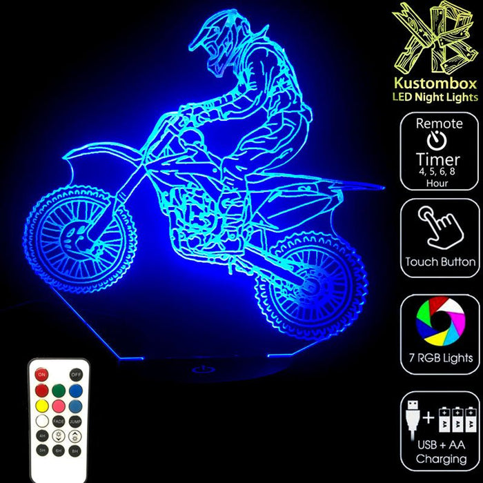 Motorcross Dirt Trail Motorbike Personalised Name 3D LED Night Light 7 Colours + Remote Control - Kustombox