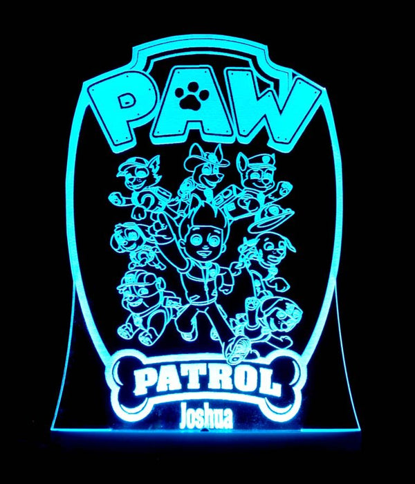 Paw Patrol Gang Personalised Name - 3D LED Night Light 7 Colours + Remote Control - Kustombox