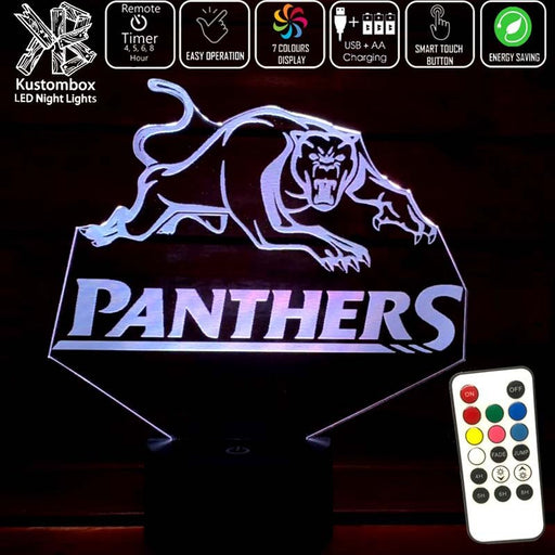 PENRITH PANTHERS Rugby League Football Club LED Night Light 7 Colours + Remote Control - Kustombox NRL