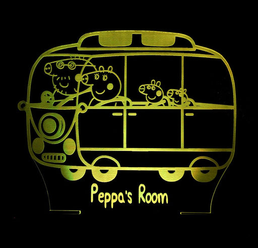 Peppa the Pig Family Bus Personalised Name - 3D LED Night Light 7 Colours + Remote Control - Kustombox