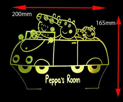 Peppa the Pig Family Car Personalised Name - 3D LED Night Light 7 Colours + Remote Control - Kustombox