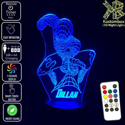 PERSONALISED NAME SPIDERMAN AVENGERS LED Night Light 7 Colours + Remote Control - Kustombox