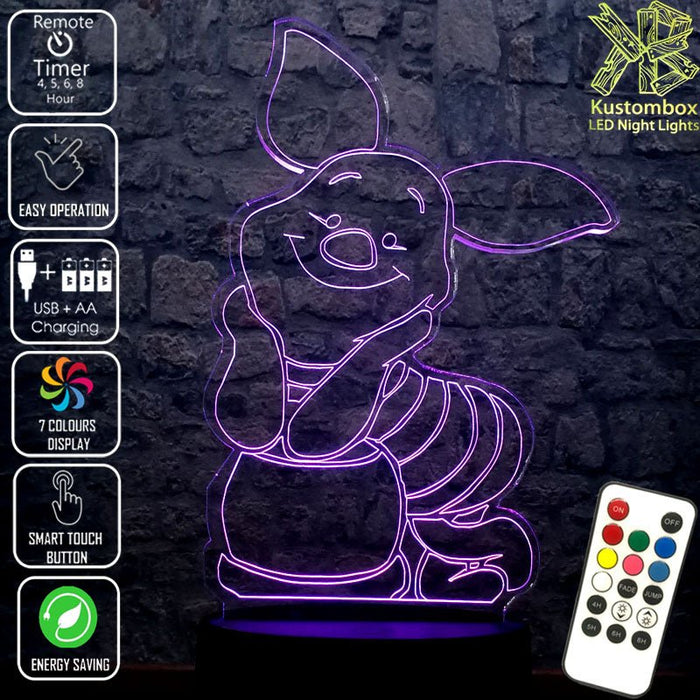 Piglet from Winnie the Pooh Disney- 3D LED Night Light 7 Colours + Remote Control - Kustombox