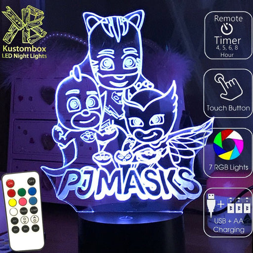 PJ Masks Catboy, Owlette and Gekko- 3D LED Night Light 7 Colours + Remote Control - Kustombox