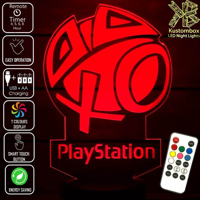 Playstation Logo PS- 3D LED Night Light 7 Colours + Remote Control - Kustombox