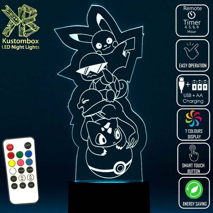 Pokemon Pikachu Gang LED Night Light 7 Colours + Remote Control - Kustombox
