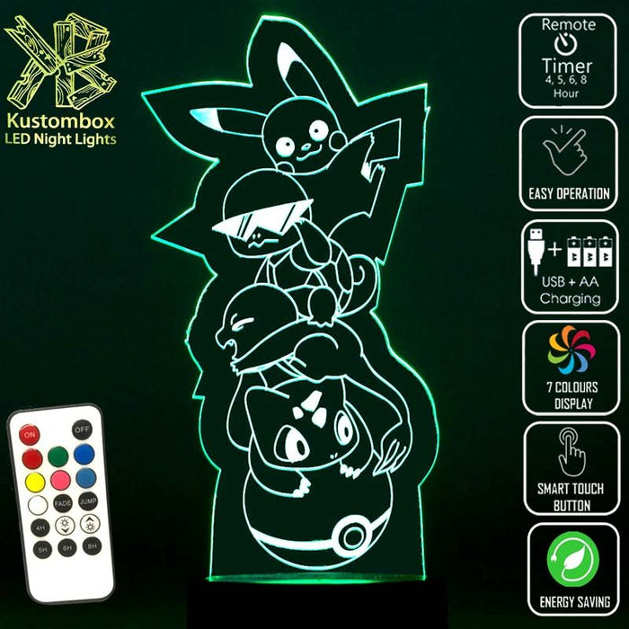 Pokemon Pikachu Gang LED Night Light 7 Colours + Remote Control - Kustombox