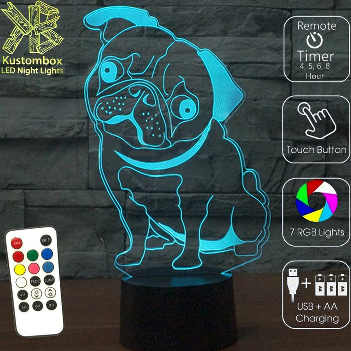 PUG Dog 3D LED Night Light 7 Colours + Remote Control - Kustombox