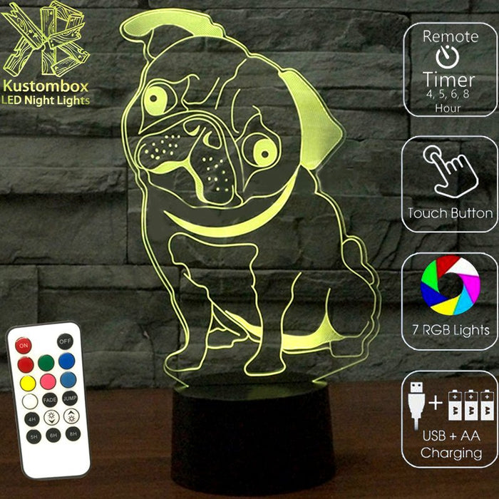 PUG Dog 3D LED Night Light 7 Colours + Remote Control - Kustombox
