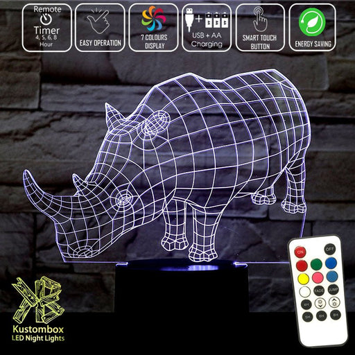 Rhino Wire Frame 3D LED Night Light 7 Colours + Remote Control - Kustombox