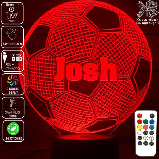 SOCCER BALL FOOTBALL PERSONALISED NAME 3D LED BATTERY - USB NIGHT LIGHT + REMOTE - Kustombox EFC
