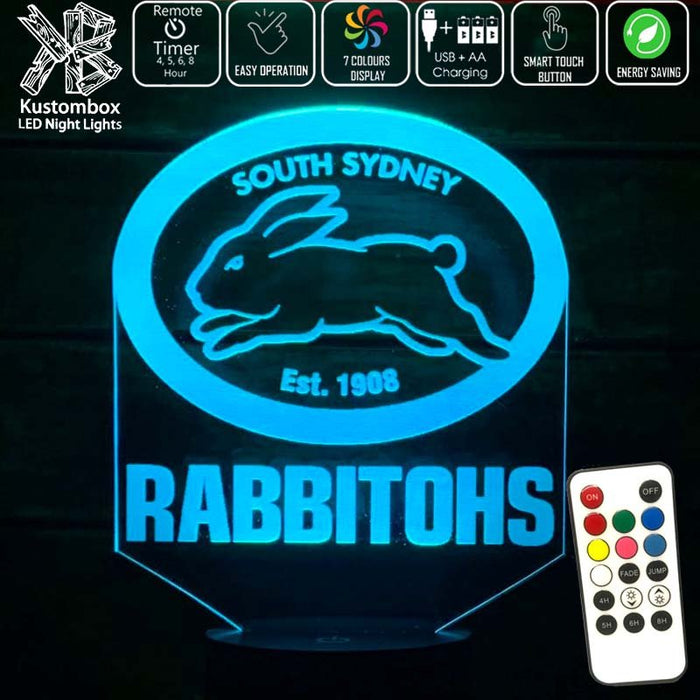 SOUTH SYDNEY RABBITOHS Rugby League Football Club LED Night Light 7 Colours + Remote Control - Kustombox NRL