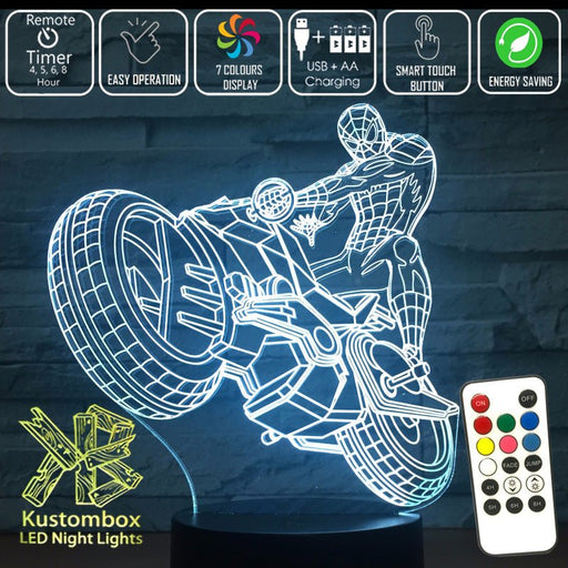 SPIDERMAN AMAZING ON MOTORBIKE 3D LED Night Light 7 Colours + Remote Control - Kustombox