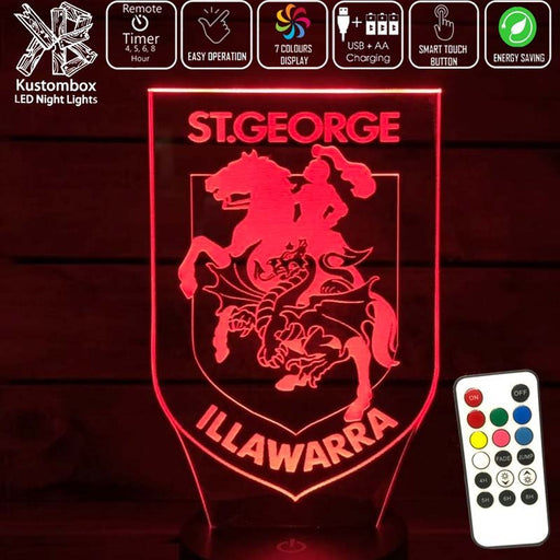 ST GEORGE DRAGONS Rugby League Football Club LED Night Light 7 Colours + Remote Control - Kustombox NRL