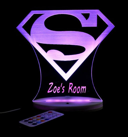 Superman Logo Personalised Name - 3D LED Night Light 7 Colours + Remote Control - Kustombox dc comics