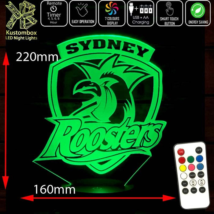 SYDNEY CITY ROOSTERS Rugby League Football Club LED Night Light 7 Colours + Remote Control - Kustombox NRL