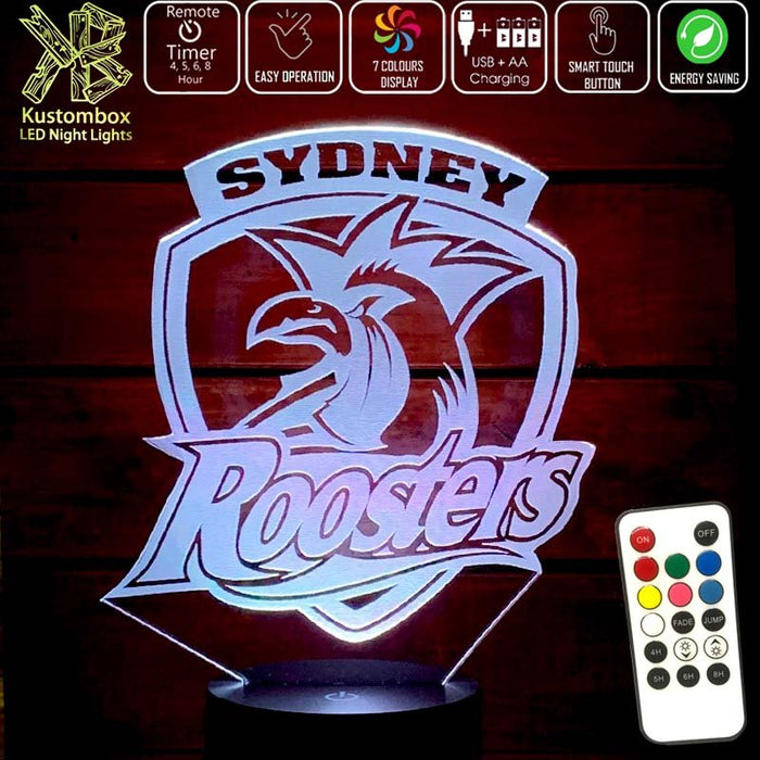 SYDNEY CITY ROOSTERS Rugby League Football Club LED Night Light 7 Colours + Remote Control - Kustombox NRL