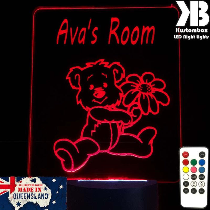 Teddy Bear Personalised Name Light - 3D LED Night Light 7 Colours + Remote Control - Kustombox