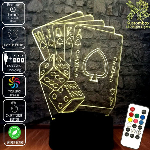 Texas Holden Poker & Dice card game 3D - LED Night Light 7 Colours + Remote Control - Kustombox