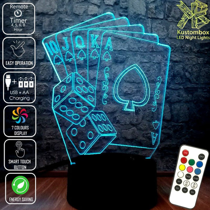 Texas Holden Poker & Dice card game 3D - LED Night Light 7 Colours + Remote Control - Kustombox