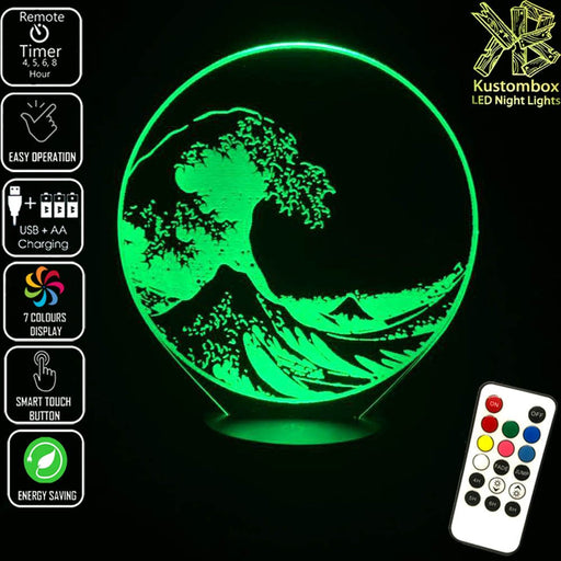 The Great Japanese Wave Kanagawa - 3D LED Night Light 7 Colours + Remote Control - Kustombox