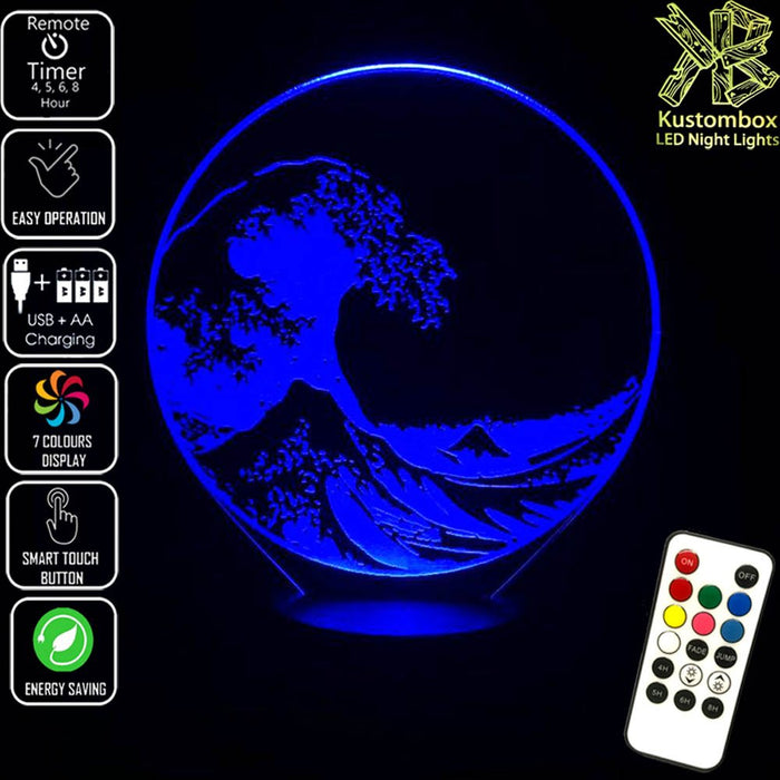The Great Japanese Wave Kanagawa - 3D LED Night Light 7 Colours + Remote Control - Kustombox