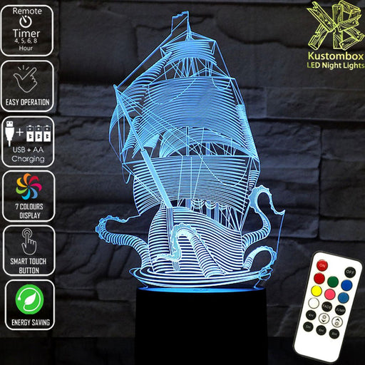 The Kraken Ship Giant Squid 3D LED Night Light 7 Colours + Remote Control - Kustombox