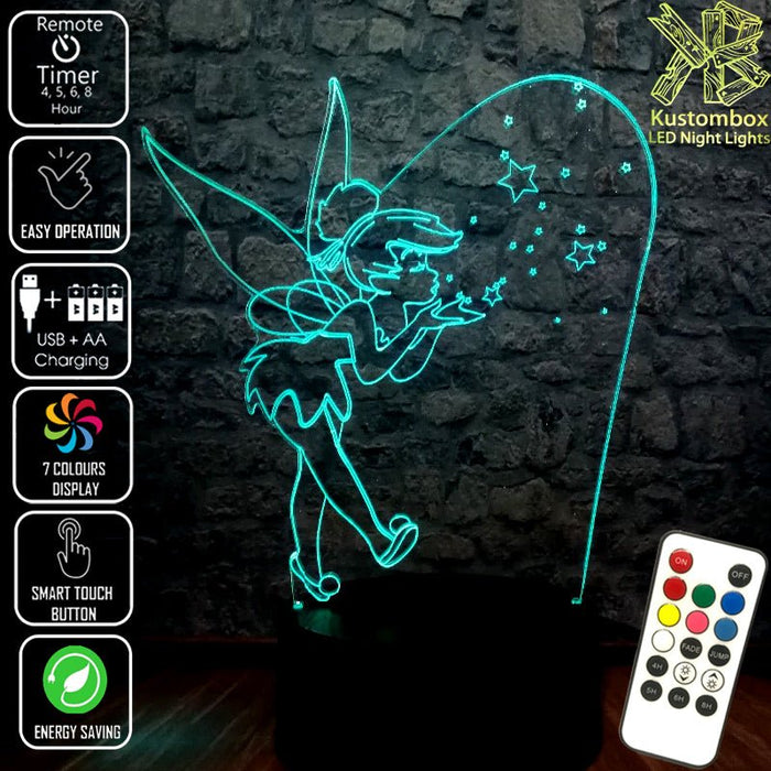 Tinker Bell Fairy Disney- 3D LED Night Light 7 Colours + Remote Control - Kustombox