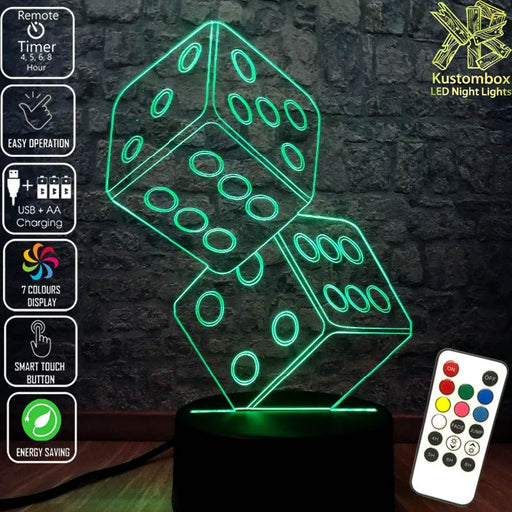 Two Dice game 3D - LED Night Light 7 Colours + Remote Control - Kustombox