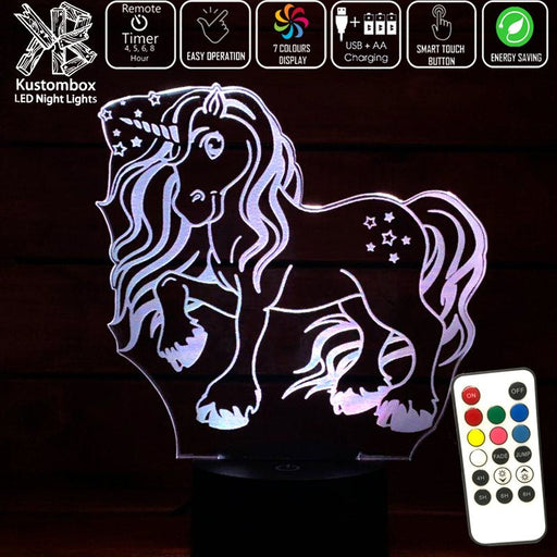 UNICORN PONY BLACK BASE - 3D LED Night Light 7 Colours + Remote Control - Kustombox