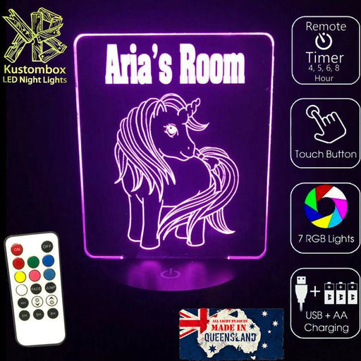 Unicorn Pony Personalised Name Option - 3D LED Night Light 7 Colours + Remote Control - Kustombox