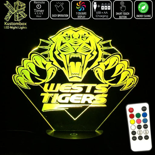 WEST TIGERS Rugby League Football Club LED Night Light 7 Colours + Remote Control - Kustombox NRL