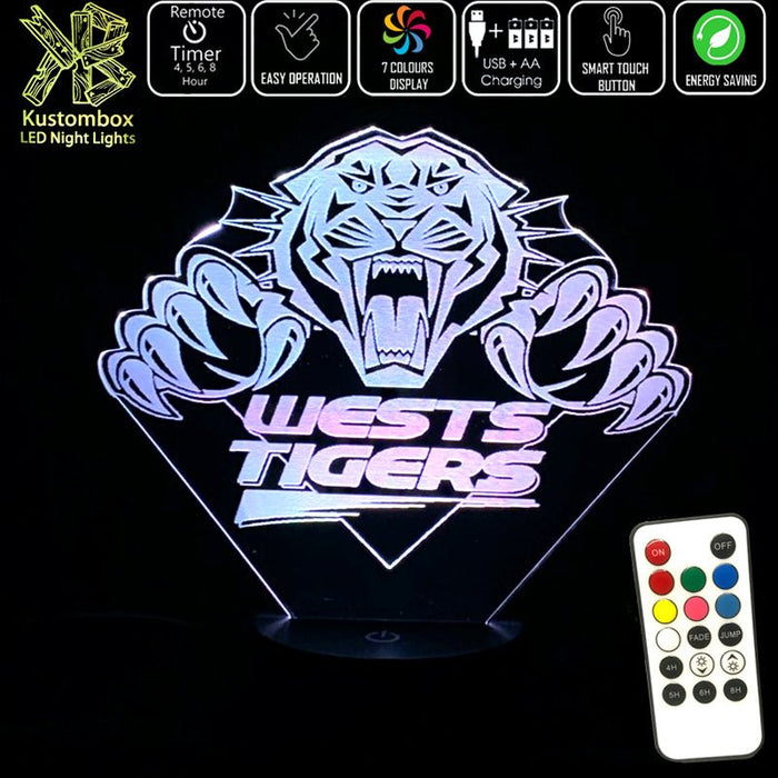 WEST TIGERS Rugby League Football Club LED Night Light 7 Colours + Remote Control - Kustombox NRL