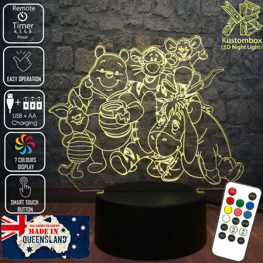 Winnie the Pooh and Gang Disney- 3D LED Night Light 7 Colours + Remote Control - Kustombox