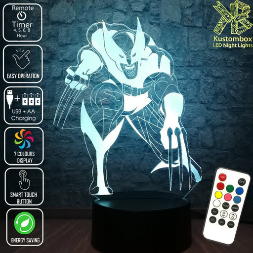 Wolverine X MEN - 3D LED Night Light 7 Colours + Remote Control - Kustombox marvel