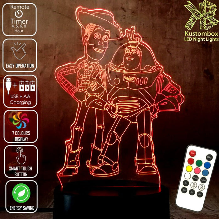 Woody & Buzz Light Year Dinsey Toy Story- LED Night Light 7 Colours + Remote Control - Kustombox