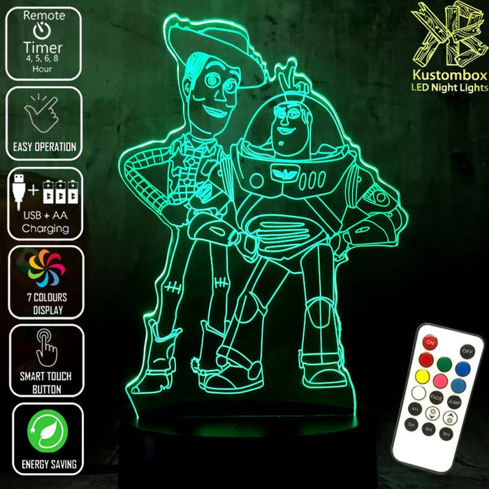 Woody & Buzz Light Year Dinsey Toy Story- LED Night Light 7 Colours + Remote Control - Kustombox